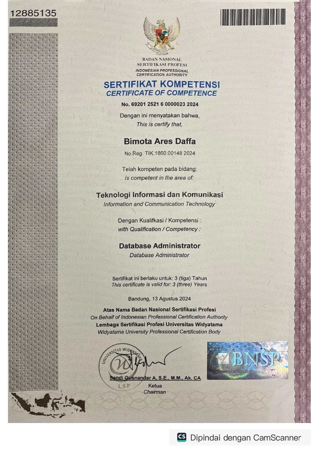 Sertifikat Kompetensi BNSP — Database Administrator